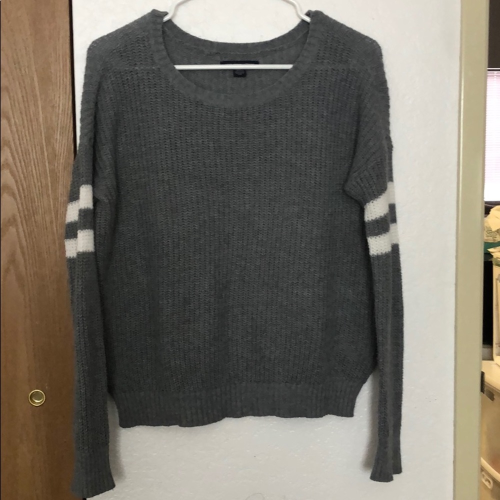 Grey sweater &white stripes on sleeves